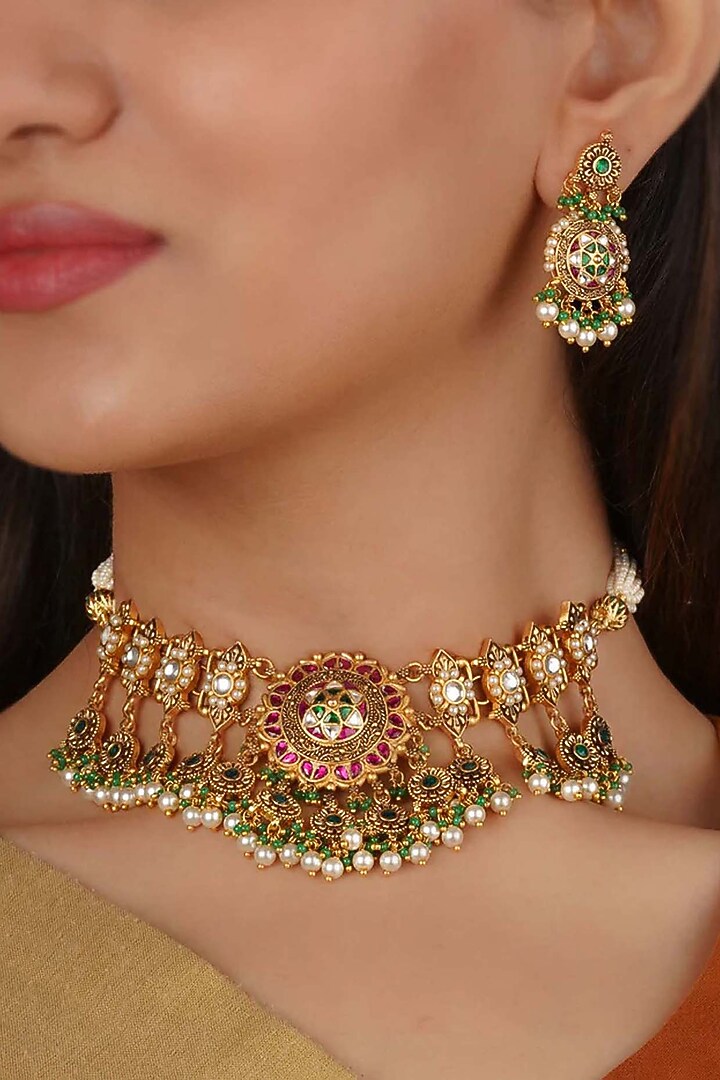 Gold Plated Uncut Polki & Beaded Jadau Choker Necklace Set by Mortantra at Pernia's Pop Up Shop