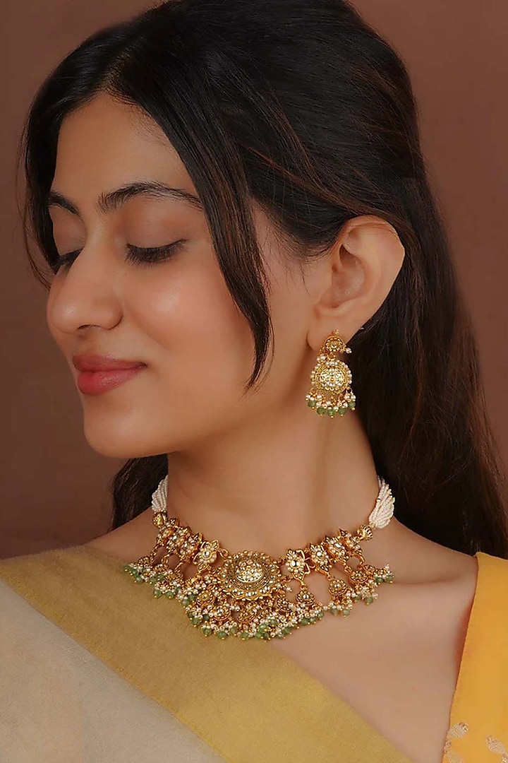 Gold Plated Uncut Polki & Beaded Jadau Choker Necklace Set by Mortantra at Pernia's Pop Up Shop