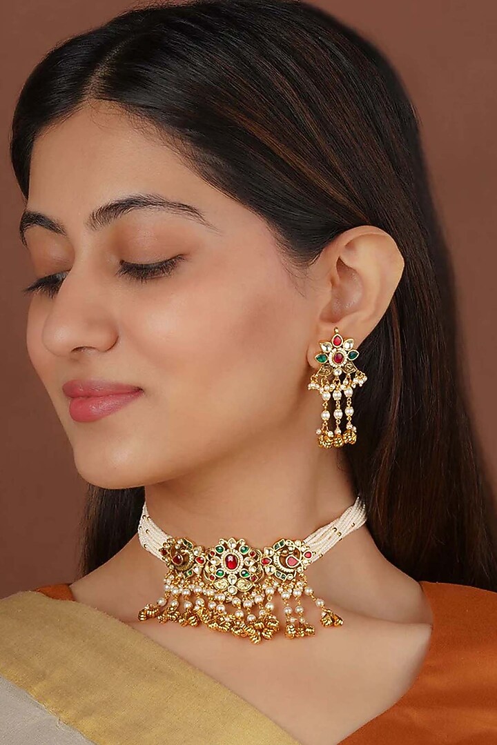 Gold Plated Uncut Polki & Beaded Jadau Choker Necklace Set by Mortantra at Pernia's Pop Up Shop