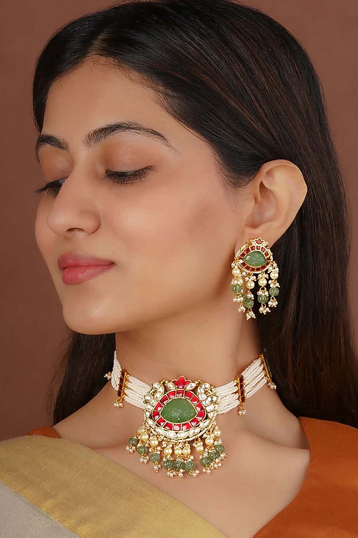 Gold Plated Uncut Polki & Beaded Jadau Choker Necklace Set by Mortantra at Pernia's Pop Up Shop