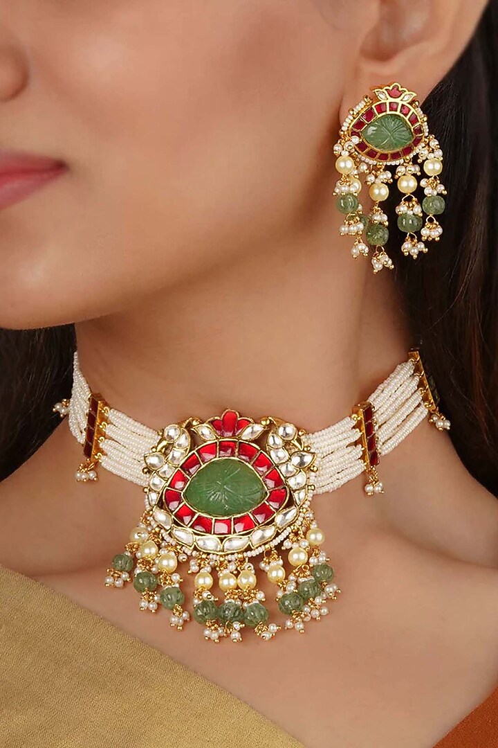Gold Plated Uncut Polki & Beaded Jadau Choker Necklace Set by Mortantra at Pernia's Pop Up Shop