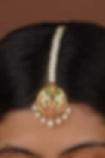 Gold Plated Uncut Polki & Beaded Jadau Maangtikka by Mortantra at Pernia's Pop Up Shop