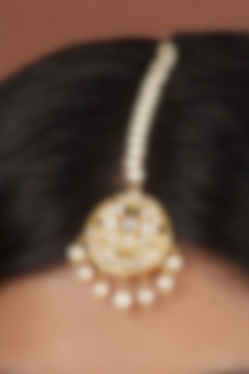 Gold Plated Uncut Polki & Beaded Jadau Maangtikka by Mortantra at Pernia's Pop Up Shop