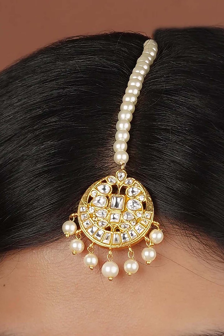 Gold Plated Uncut Polki & Beaded Jadau Maangtikka by Mortantra at Pernia's Pop Up Shop