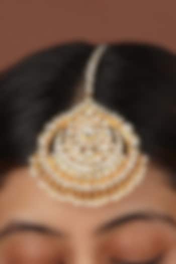 Gold Plated Uncut Polki & Beaded Jadau Maangtikka by Mortantra at Pernia's Pop Up Shop