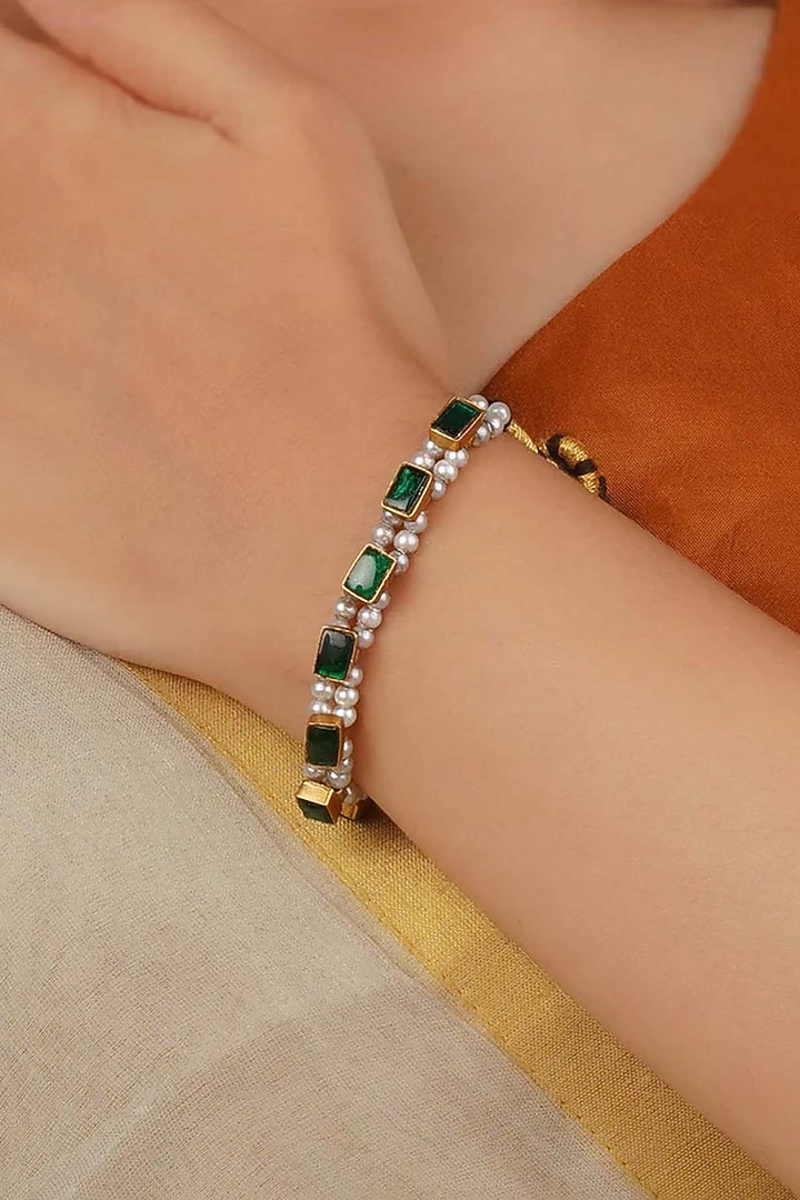 Gold Plated Uncut Polki & Beaded Jadau Bracelet by Mortantra at Pernia's Pop Up Shop