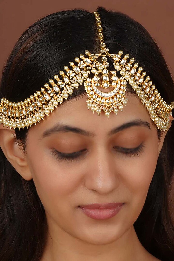 Gold Plated Uncut Polki & Beaded Jadau Mathapatti by Mortantra at Pernia's Pop Up Shop