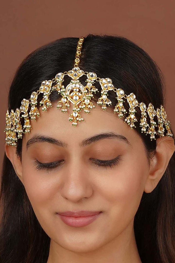 Gold Plated Uncut Polki & Beaded Jadau Mathapatti by Mortantra at Pernia's Pop Up Shop
