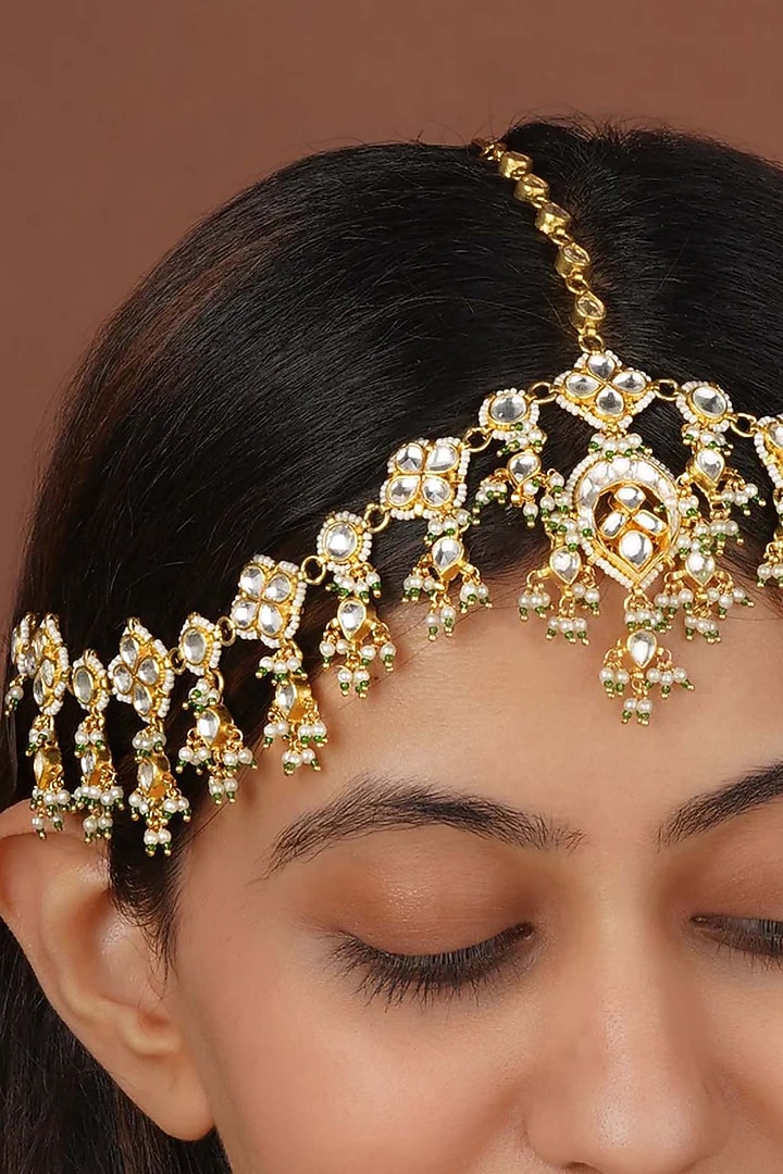 Gold Plated Uncut Polki & Beaded Jadau Mathapatti by Mortantra at Pernia's Pop Up Shop