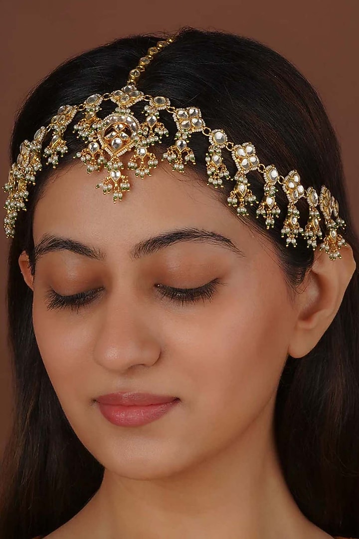 Gold Plated Uncut Polki & Beaded Jadau Mathapatti by Mortantra at Pernia's Pop Up Shop