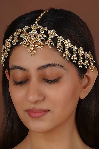 Gold Plated Uncut Polki & Beaded Jadau Mathapatti by Mortantra
