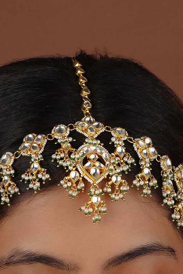 Gold Plated Uncut Polki & Beaded Jadau Mathapatti by Mortantra at Pernia's Pop Up Shop