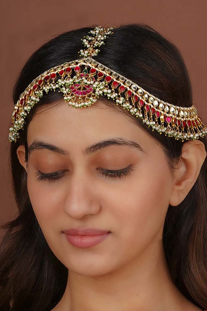 Gold Plated Uncut Polki & Beaded Jadau Mathapatti by Mortantra at Pernia's Pop Up Shop