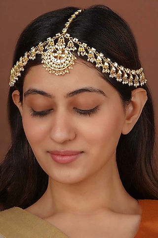 Gold Plated Uncut Polki & Beaded Jadau Mathapatti by Mortantra
