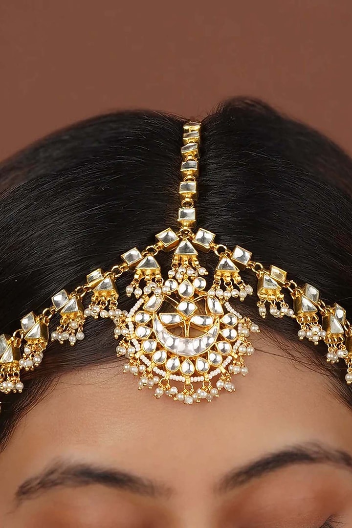 Gold Plated Uncut Polki & Beaded Jadau Mathapatti by Mortantra at Pernia's Pop Up Shop