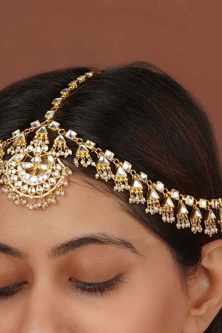 Gold Plated Uncut Polki & Beaded Jadau Mathapatti by Mortantra at Pernia's Pop Up Shop