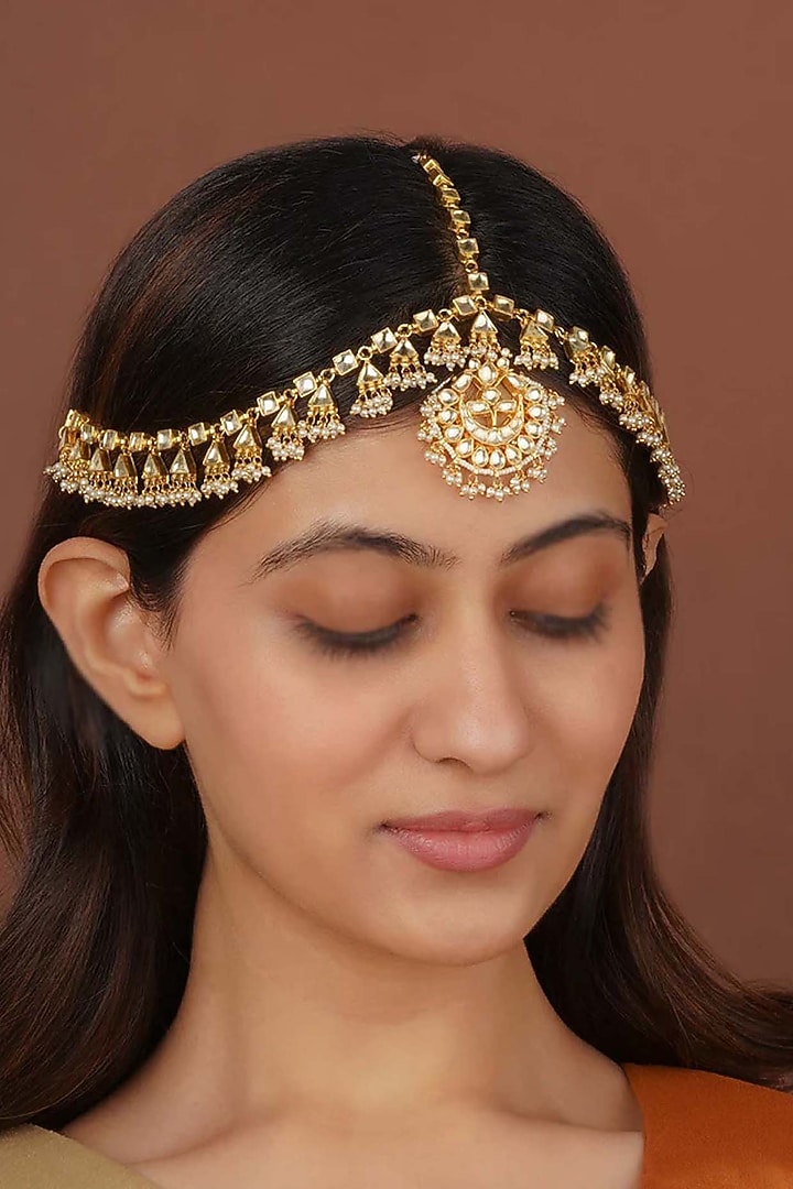 Gold Plated Uncut Polki & Beaded Jadau Mathapatti by Mortantra at Pernia's Pop Up Shop