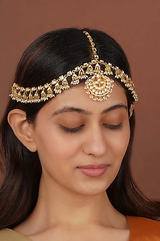 Gold Plated Uncut Polki & Beaded Jadau Mathapatti by Mortantra