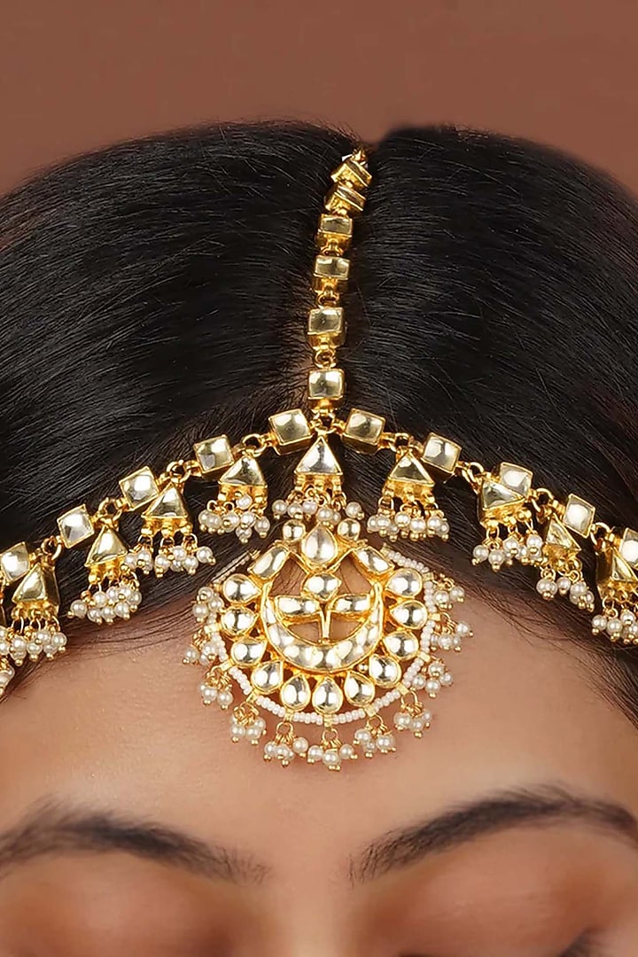 Gold Plated Uncut Polki & Beaded Jadau Mathapatti by Mortantra at Pernia's Pop Up Shop