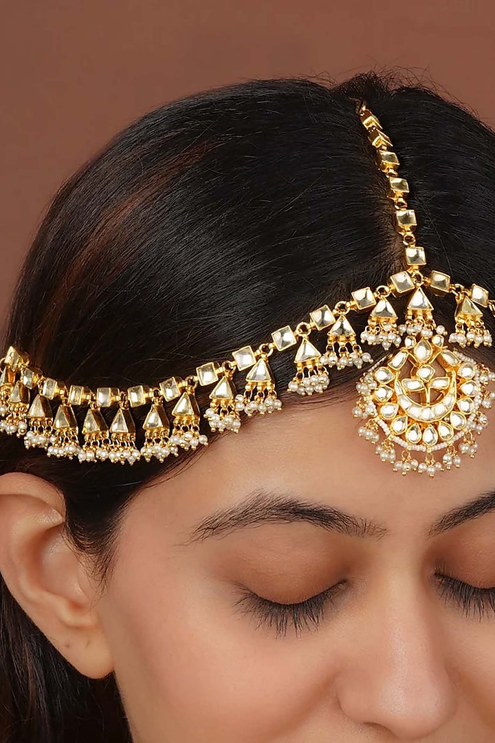 Gold Plated Uncut Polki & Beaded Jadau Mathapatti by Mortantra at Pernia's Pop Up Shop