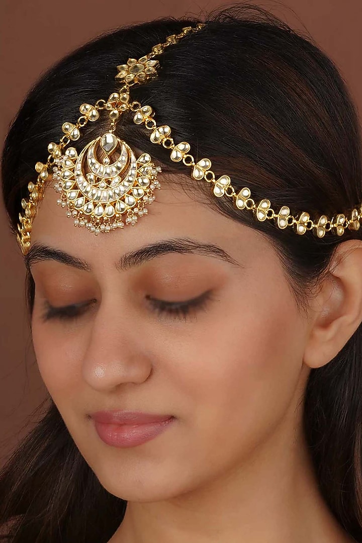 Gold Plated Uncut Polki & Beaded Jadau Mathapatti by Mortantra at Pernia's Pop Up Shop