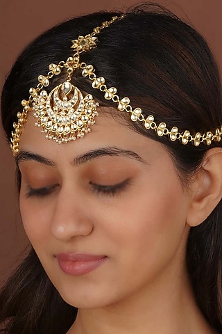 Gold Plated Uncut Polki & Beaded Jadau Mathapatti by Mortantra