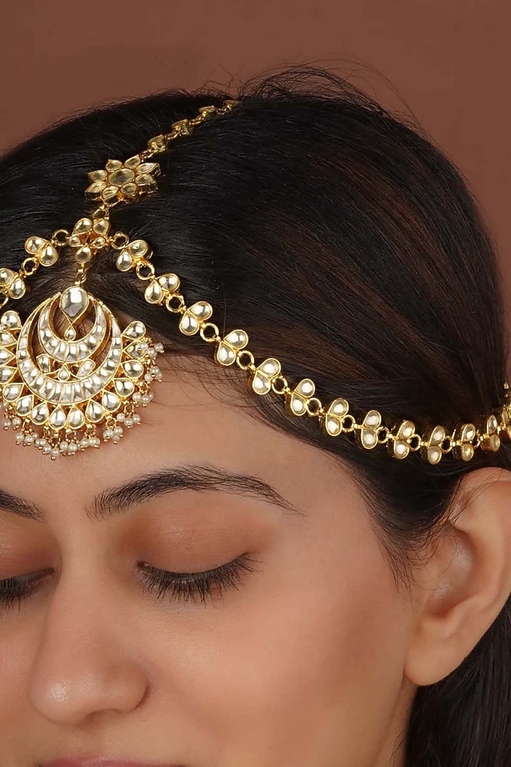 Gold Plated Uncut Polki & Beaded Jadau Mathapatti by Mortantra at Pernia's Pop Up Shop