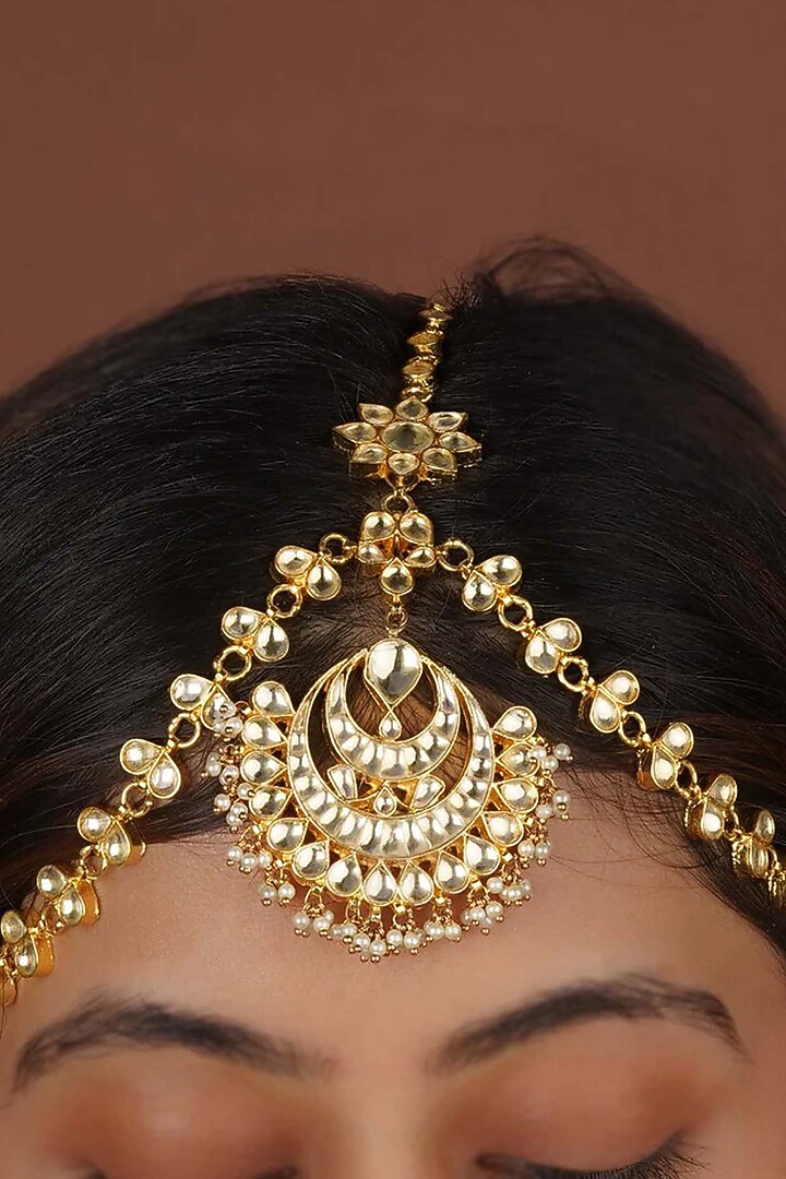 Gold Plated Uncut Polki & Beaded Jadau Mathapatti by Mortantra at Pernia's Pop Up Shop