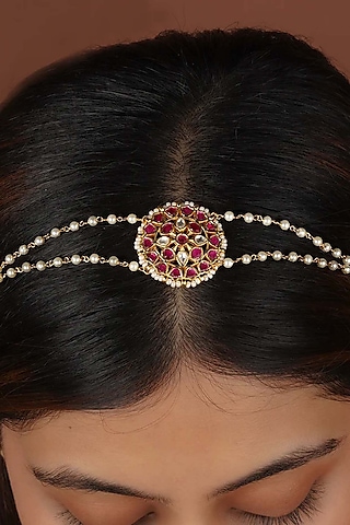 Gold Plated Uncut Polki & Beaded Jadau Mathapatti by Mortantra