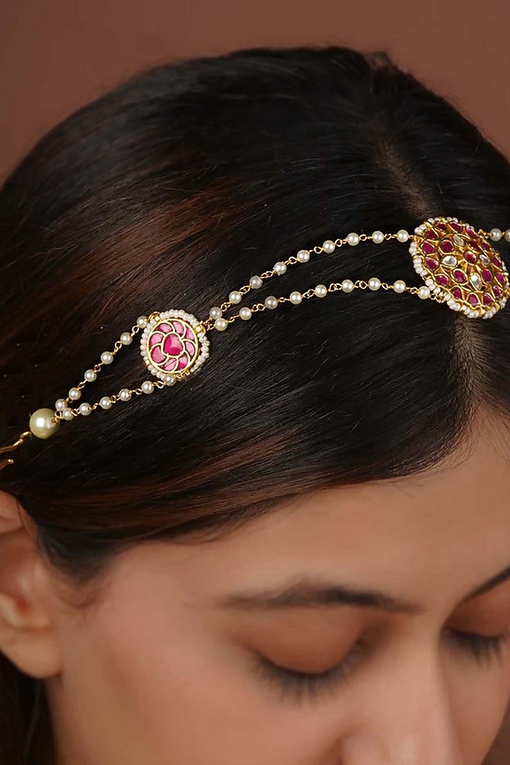Gold Plated Uncut Polki & Beaded Jadau Mathapatti by Mortantra at Pernia's Pop Up Shop