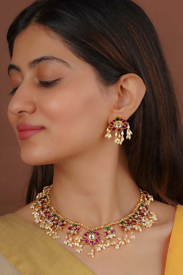 Gold Finish Jadau Kundan Polki Necklace Set by Mortantra at Pernia's Pop Up Shop