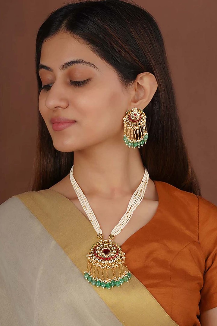 Gold Plated Uncut Polki & Beaded Jadau Long Necklace Set by Mortantra at Pernia's Pop Up Shop