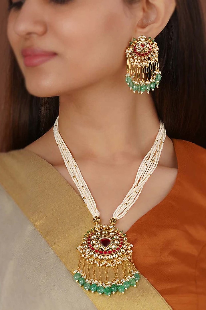 Gold Plated Uncut Polki & Beaded Jadau Long Necklace Set by Mortantra at Pernia's Pop Up Shop