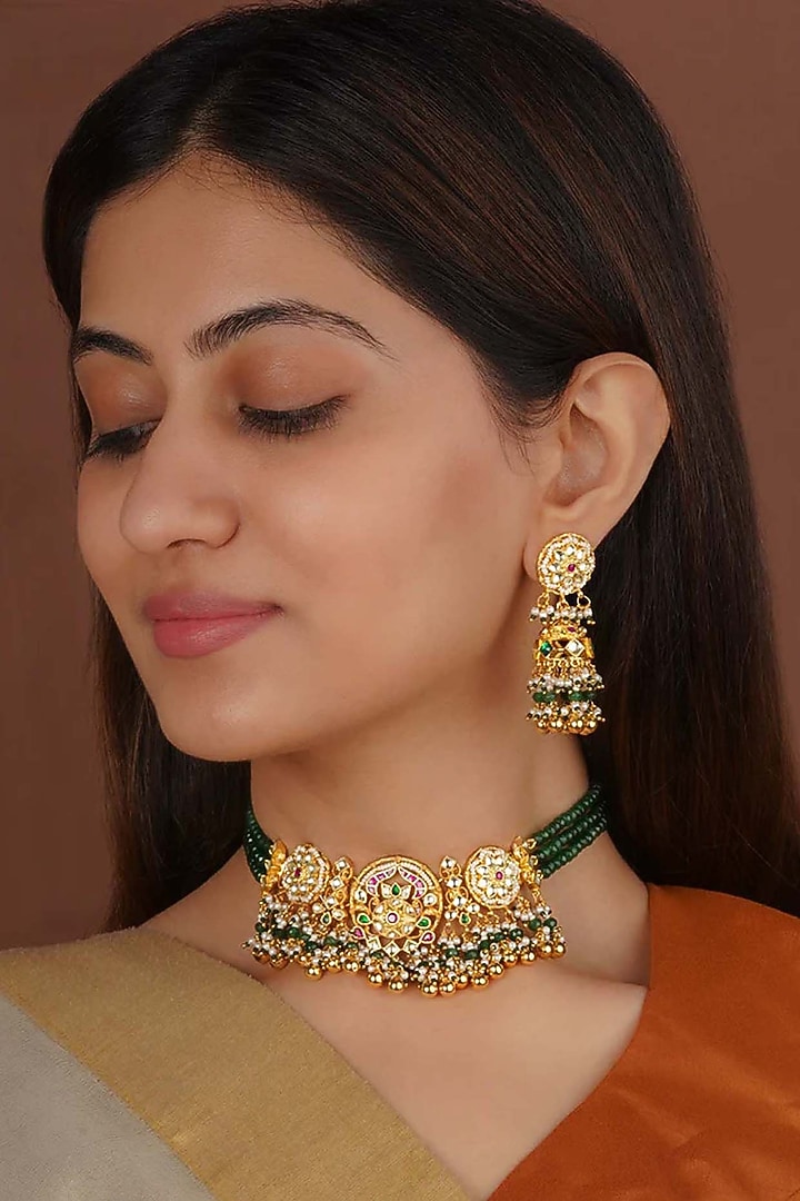 Gold Plated Uncut Polki & Beaded Jadau Choker Necklace Set by Mortantra at Pernia's Pop Up Shop