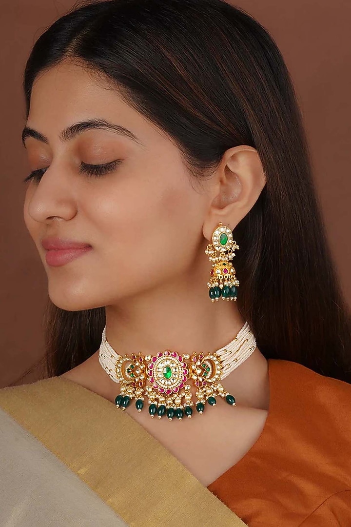 Gold Plated Uncut Polki & Beaded Jadau Choker Necklace Set by Mortantra at Pernia's Pop Up Shop