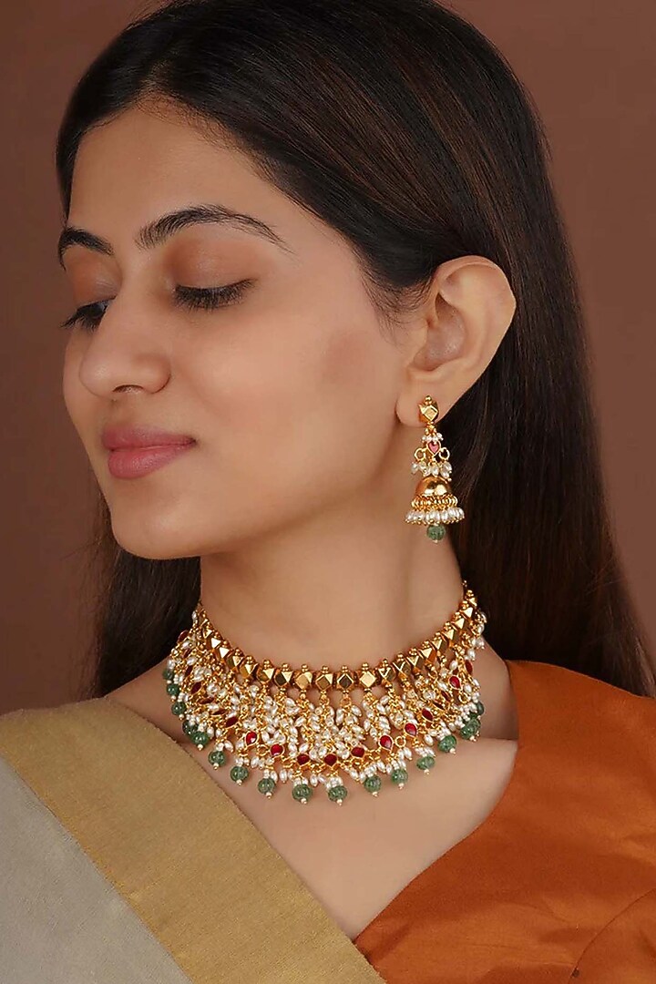 Gold Plated Uncut Polki & Beaded Jadau Necklace Set by Mortantra at Pernia's Pop Up Shop