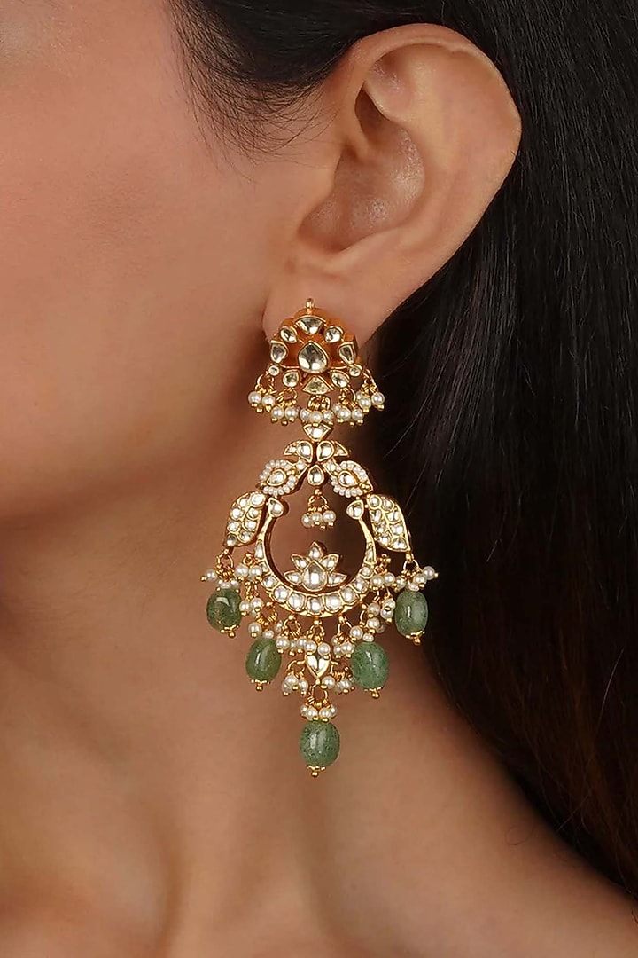 Gold Plated Uncut Polki & Beaded Jadau Dangler Earrings by Mortantra at Pernia's Pop Up Shop