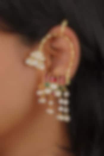 Gold Plated Uncut Polki & Beaded Jadau Earrings by Mortantra at Pernia's Pop Up Shop