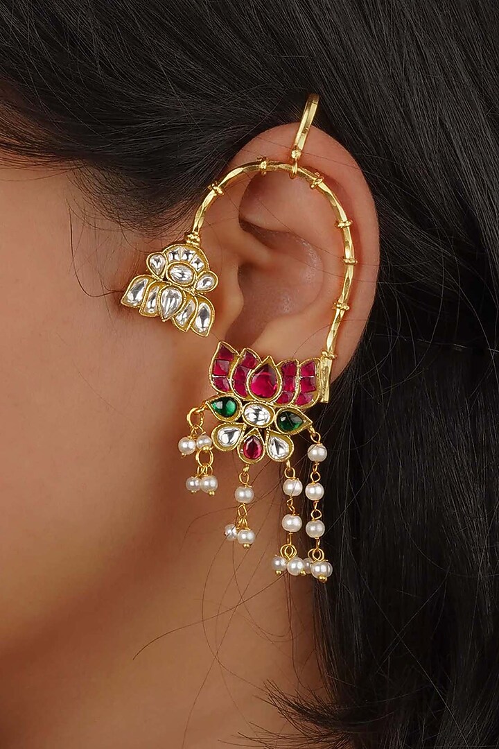 Gold Plated Uncut Polki & Beaded Jadau Earrings by Mortantra at Pernia's Pop Up Shop