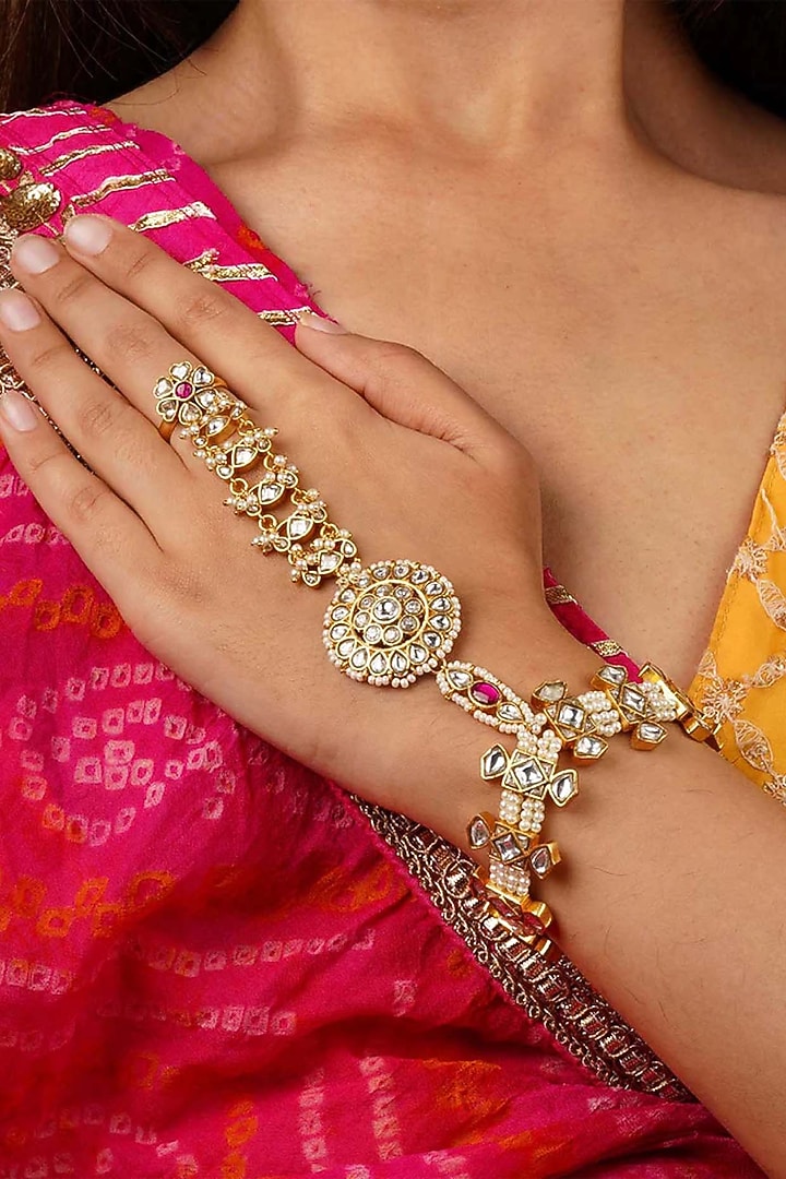 Gold Plated Uncut Polki & Beaded Jadau Haathphool by Mortantra at Pernia's Pop Up Shop