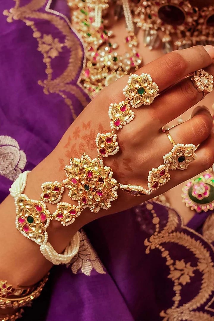 Gold Plated Uncut Polki & Beaded Jadau Haathphool by Mortantra at Pernia's Pop Up Shop