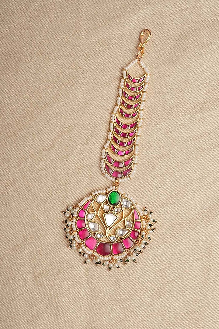 Gold Plated Uncut Polki & Beaded Jadau Maangtikka by Mortantra at Pernia's Pop Up Shop