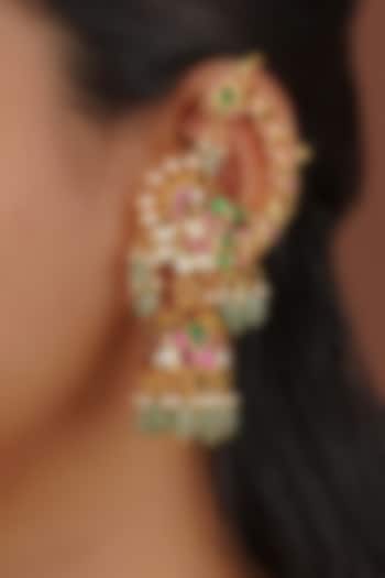 Gold Plated Uncut Polki & Beaded Jadau Earrings by Mortantra at Pernia's Pop Up Shop