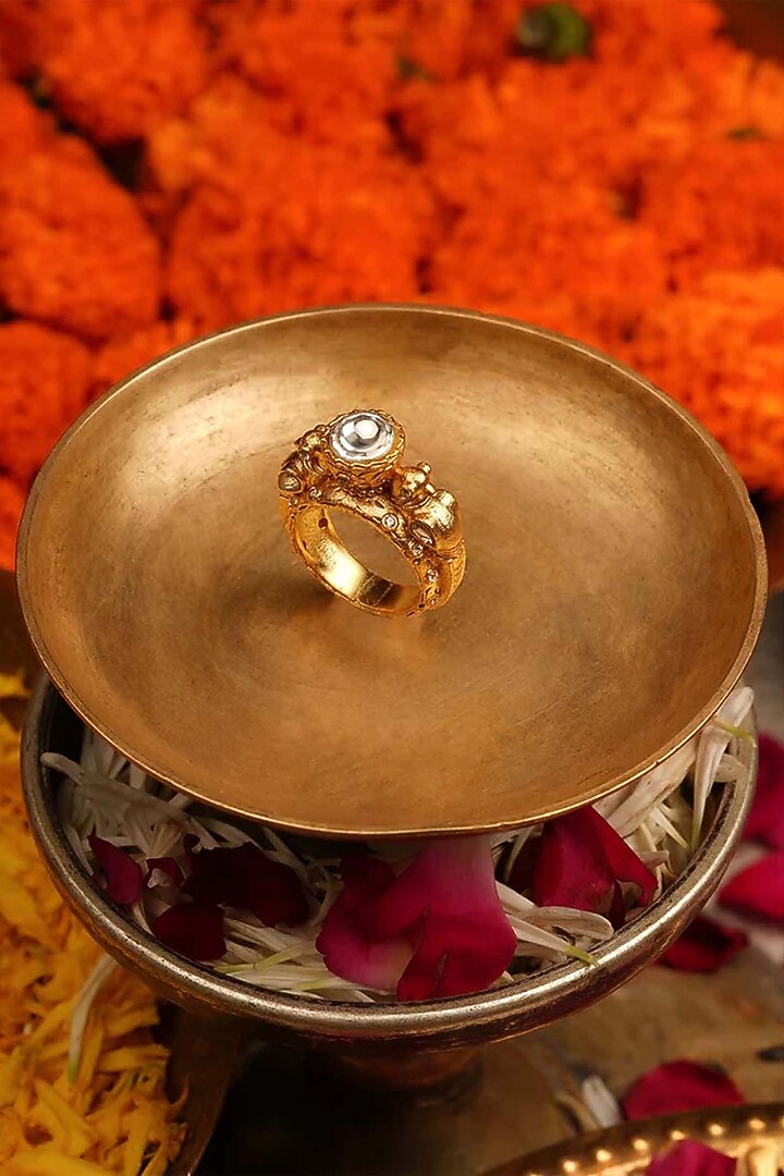 Gold Finish Jadau Kundan Polki Ring by Mortantra at Pernia's Pop Up Shop