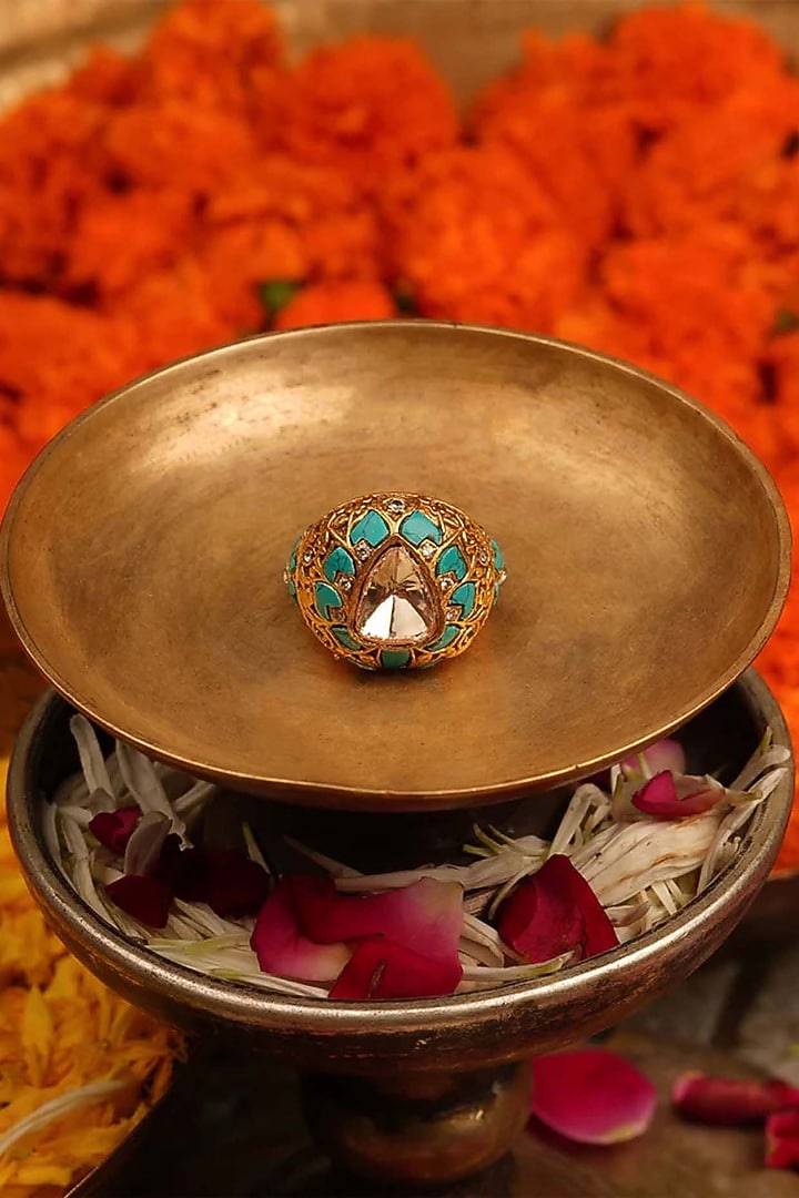 Gold Finish Jadau Kundan Polki Ring by Mortantra at Pernia's Pop Up Shop