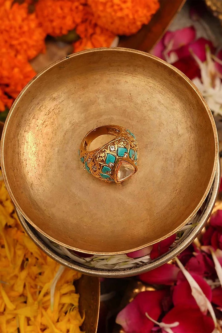 Gold Finish Jadau Kundan Polki Ring by Mortantra at Pernia's Pop Up Shop