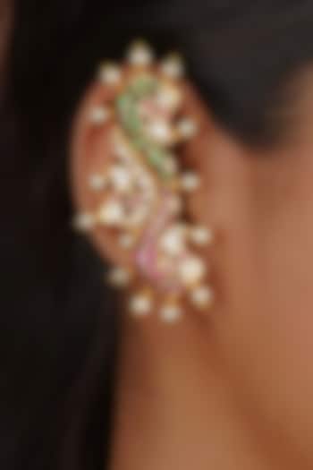 Gold Plated Uncut Polki & Beaded Jadau Earcuffs by Mortantra at Pernia's Pop Up Shop