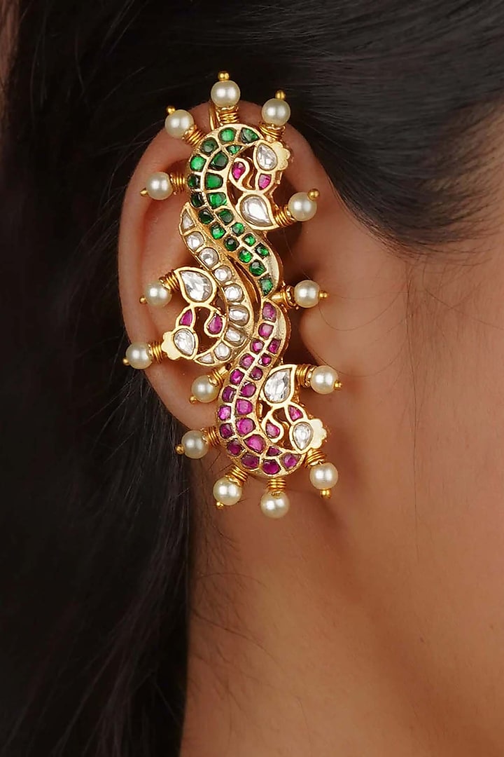 Gold Plated Uncut Polki & Beaded Jadau Earcuffs by Mortantra at Pernia's Pop Up Shop
