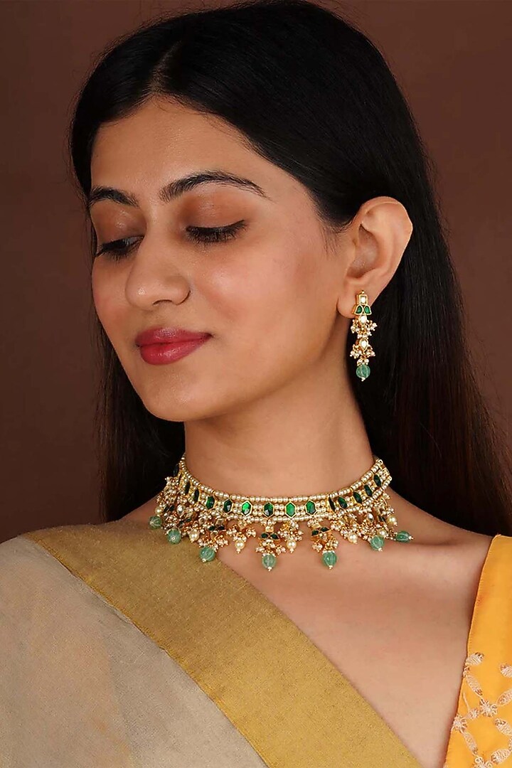 Gold Plated Uncut Polki & Beaded Jadau Choker Necklace Set by Mortantra at Pernia's Pop Up Shop
