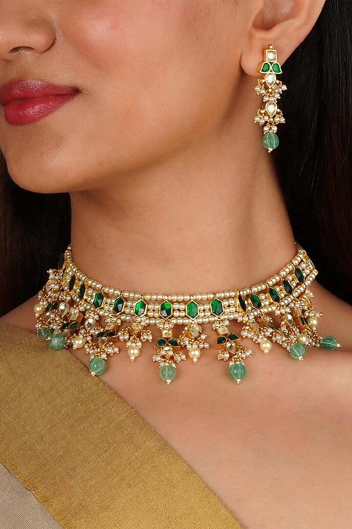 Gold Plated Uncut Polki & Beaded Jadau Choker Necklace Set by Mortantra at Pernia's Pop Up Shop